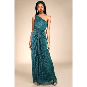 Lulus Glamorous Glitz Shiny One-Shoulder Maxi Dress W/Knot Detail Teal Green S